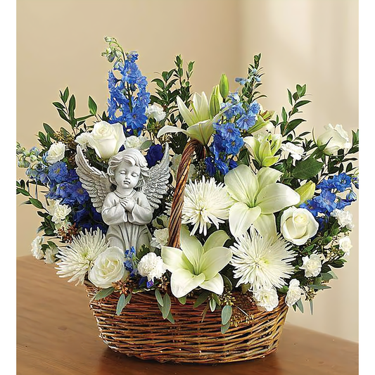 NYC Flower Delivery - Heavenly Angel & Blue and White Basket - Funeral > Baskets
