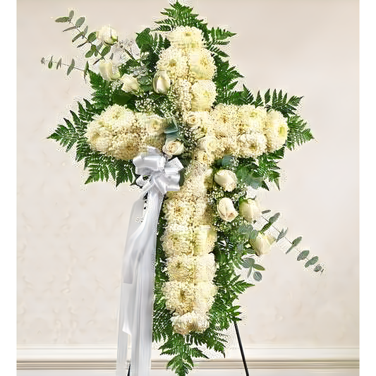 NYC Flower Delivery - Peace and Prayers Standing Cross - White - Funeral > Crosses