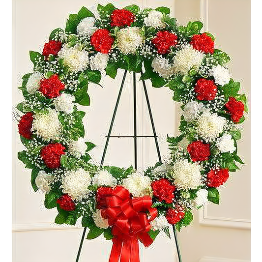 NYC Flower Delivery - Serene Blessings Standing Wreath - Red & White - Funeral > Wreaths