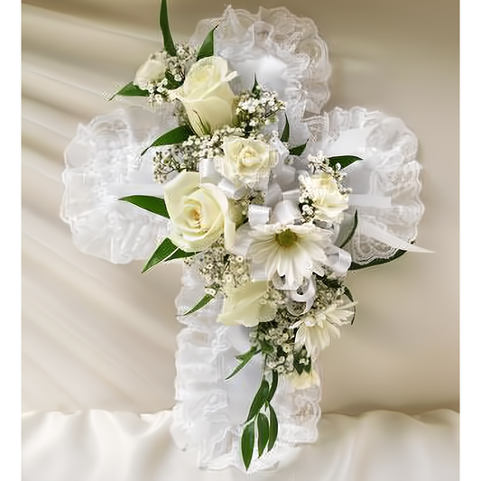 NYC Flower Delivery - White Satin Cross Casket Pillow - Funeral > Casket Sprays